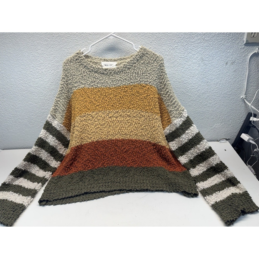 Vintaj Cowgirl Chunky Popcorn Knit Sweater Earth Tone Colorblock Striped S/M